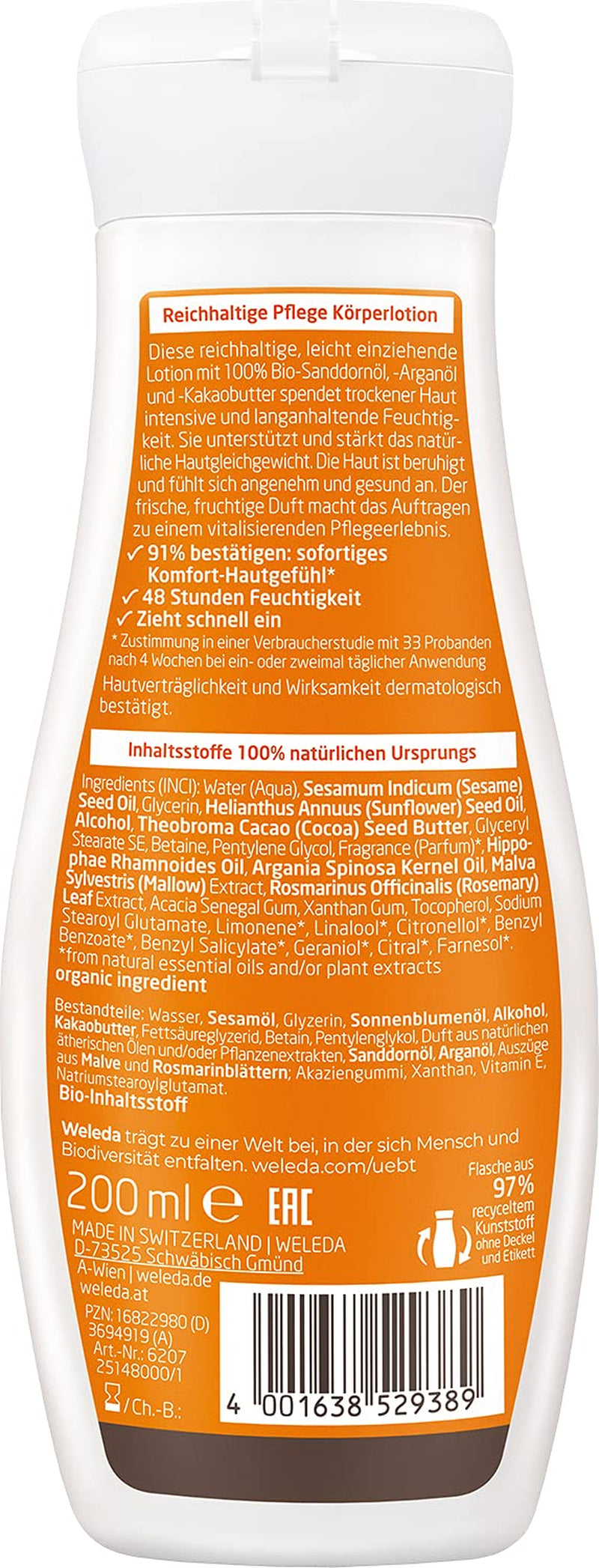 WELEDA Bio Sanddorn Bodylotion - Naturkosmetik Körperpflege Lotion Mit Arganöl & Sesamöl Spendet Bis Zu 48H Intensive Feuchtigkeit. Natürliche Körperlotion Zur Pflege Von Trockener Haut (Vegan, 200Ml)