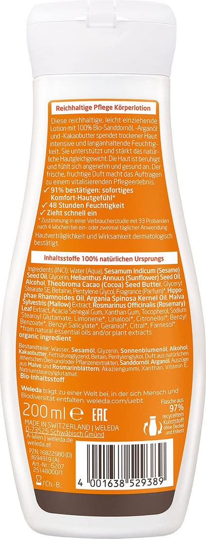 WELEDA Bio Sanddorn Bodylotion - Naturkosmetik Körperpflege Lotion Mit Arganöl & Sesamöl Spendet Bis Zu 48H Intensive Feuchtigkeit. Natürliche Körperlotion Zur Pflege Von Trockener Haut (Vegan, 200Ml)