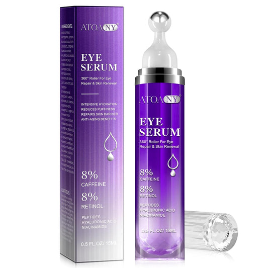 Augenseren Mit 8% Koffein 8% Retinol Hyaluronsäure Niacinamid Peptide Für Geschwollene Augensäcke Dunkle Kreise Falten Und Feine Linien, Unter Augencreme Mit 360° Augenroller-Massageball,15Ml