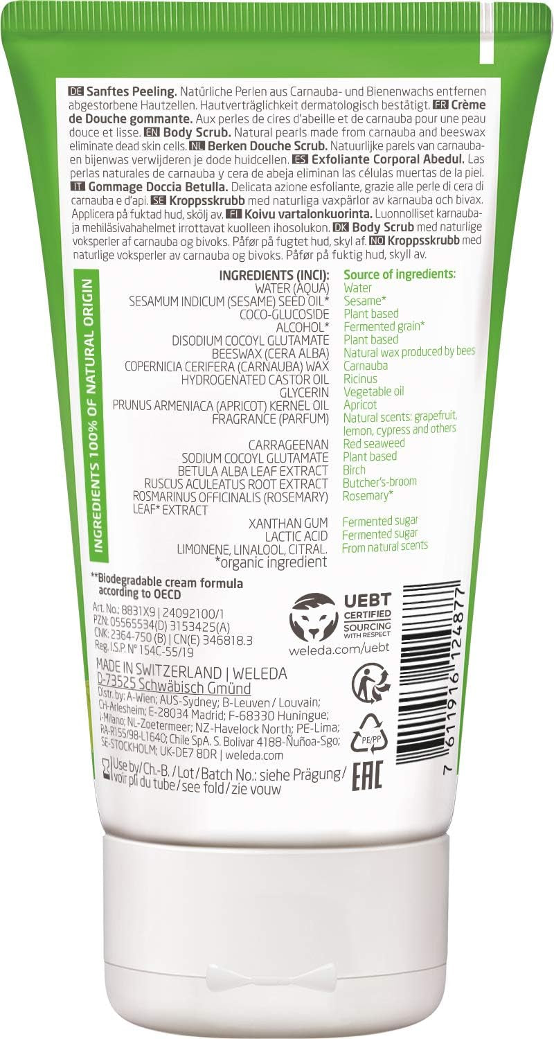 WELEDA Bio Pearl Body Scrub Duschgel - Naturkosmetik Birke Peeling Duschseife Für Frauen & Männer Mit Grapefruit / Zitrone Duft - Natürliche Körperpeeling Dusche Für Spürbar Glatte Haut (1X 150Ml)